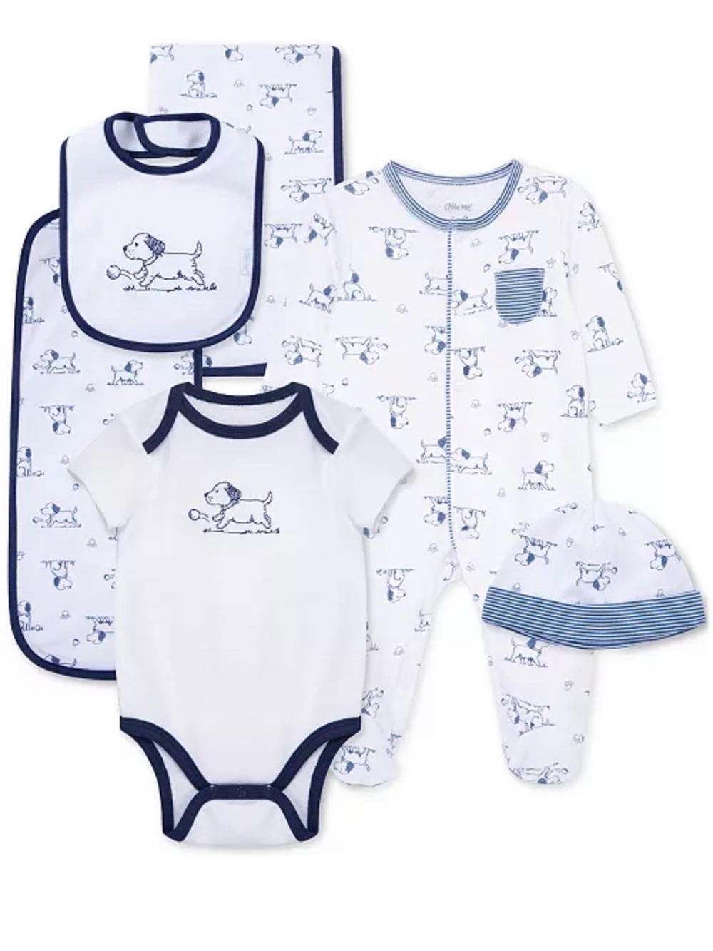 Little Me White & Navy Baby Dog Print One-Piece Set